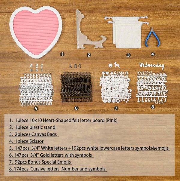 Heart-shaped felt letter board with accessories for customizable messages.