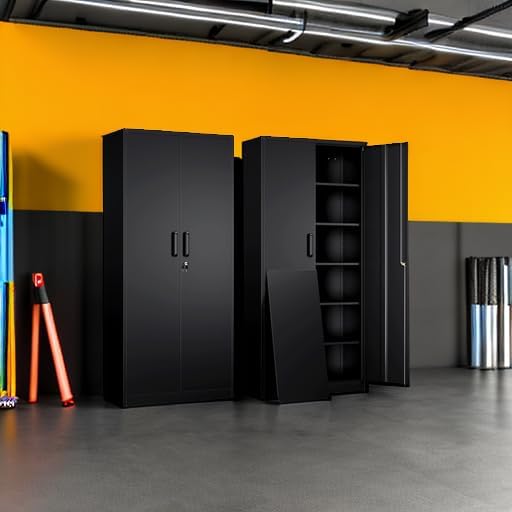 Black heavy duty storage cabinets with adjustable shelves in industrial setting.