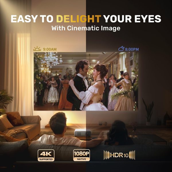 High-resolution projector displaying a romantic dance scene with 4K support and Dolby Audio for imme.