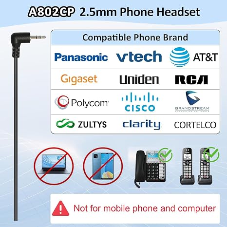 Compatible 2.5mm phone headset for Panasonic, Vtech, AT&T, RCA, Uniden, Polycom, Cisco, and Zultys m.