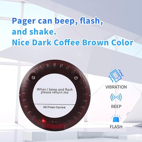 Wireless restaurant pager system with vibration, beep, and flash features for queue management.