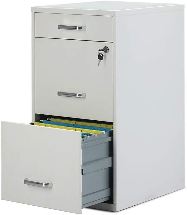 Metal filing cabinet with three drawers for letter-sized documents, ideal for office organization an.