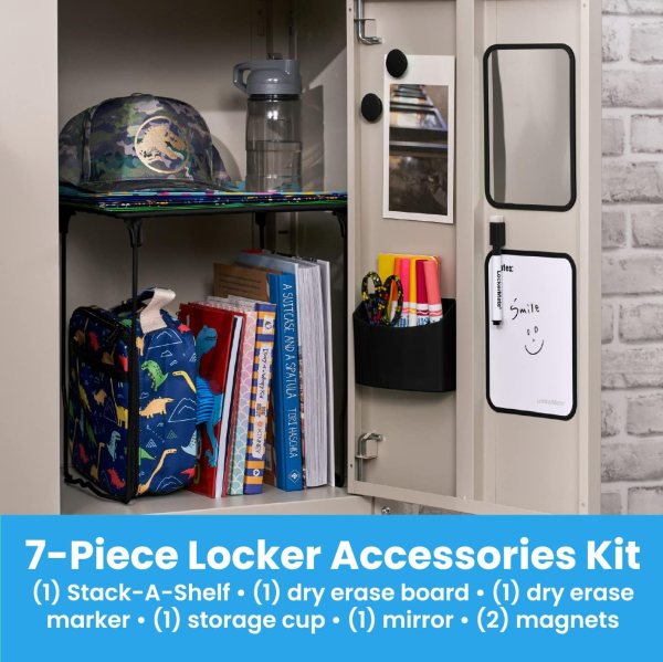 School locker with organizer accessories including mirror, dry erase board, and storage cup.