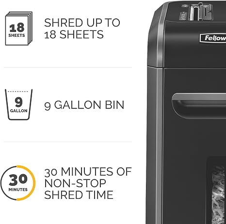 High-capacity 18-sheet crosscut shredder with SafeSense for secure document disposal.