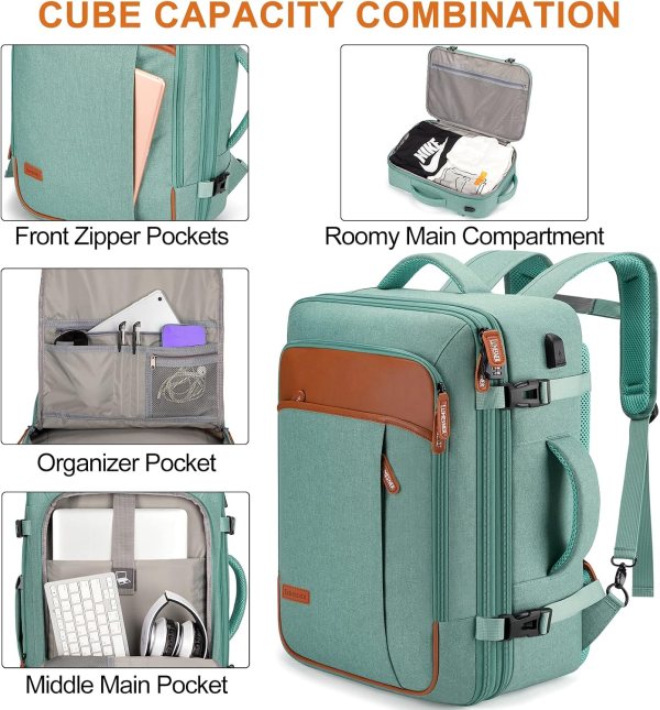 Expandable 40L travel backpack with anti-theft design and multiple pockets.
