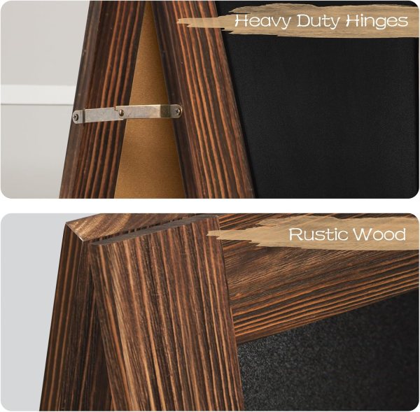 Rustic wooden A-frame chalkboard stand with heavy-duty hinges for events and cafes.