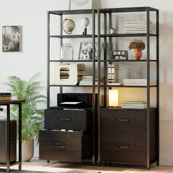 Storage cabinet with open shelves and drawers for home office organization.