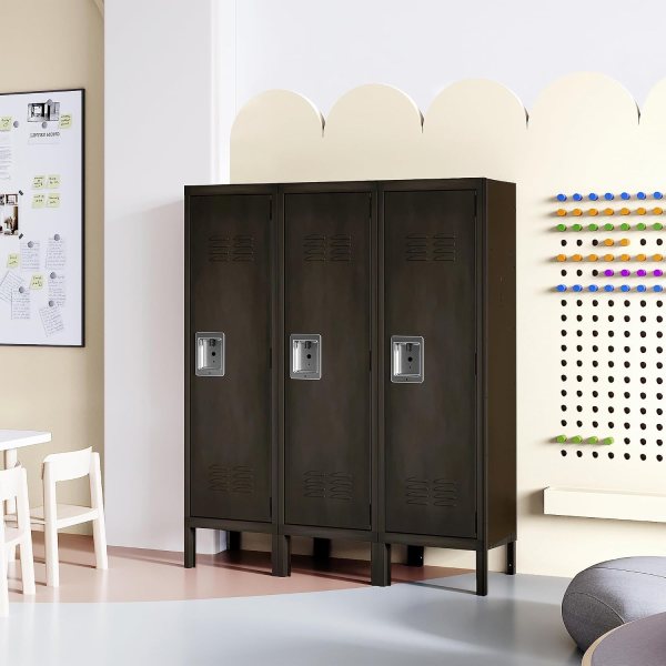 Durable black metal storage lockers with ventilation for gym, school, or office use.
