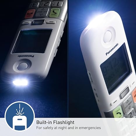 Cordless phone with built-in flashlight for emergencies and nighttime visibility.