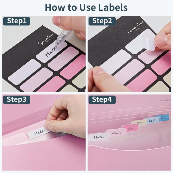 Cute macaron pink file organizer with snap closure and labeled pockets