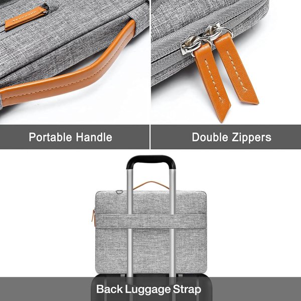 Gray vintage leather laptop bag with handle, double zippers, and back strap.