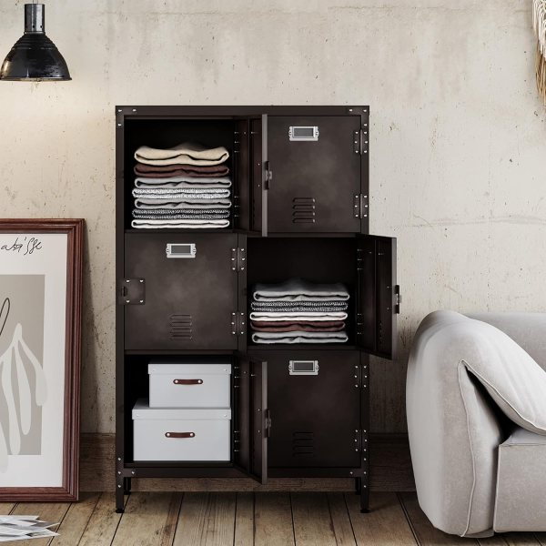 Secure steel office storage locker with adjustable shelves and 6 doors.