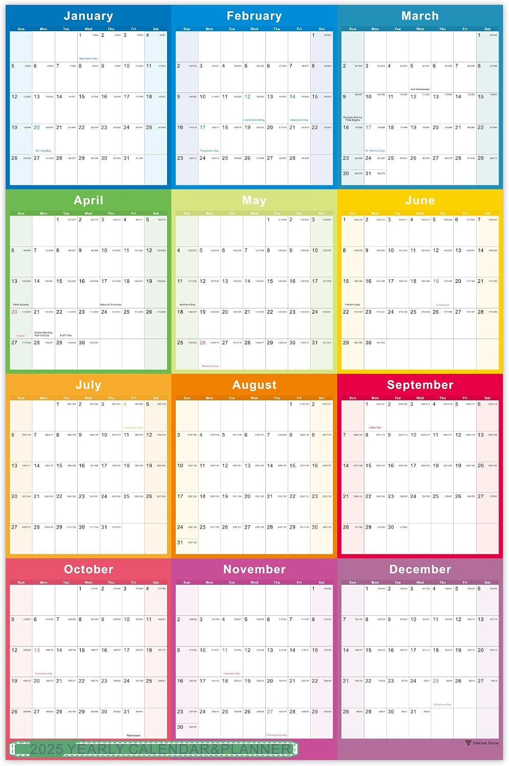 2025 Wall Calendar & Planner – Full Yearly Schedule with Holiday Markers, Spacious Blocks & Colorful Design