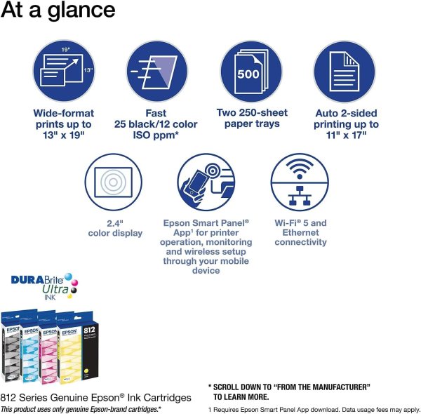 High-speed large-format printer with 25 black/12 color ink, 250-sheet paper trays, and wireless conn.