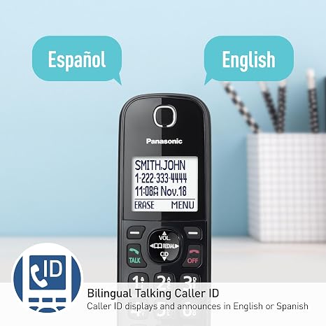 Office phone with bilingual caller ID display in English and Spanish.