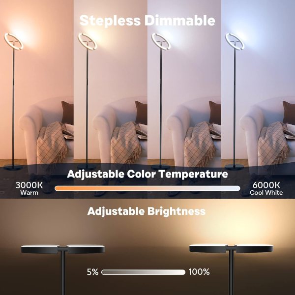 Adjustable RGB Floor Lamp with Color Changing Modes and Brightness Control.