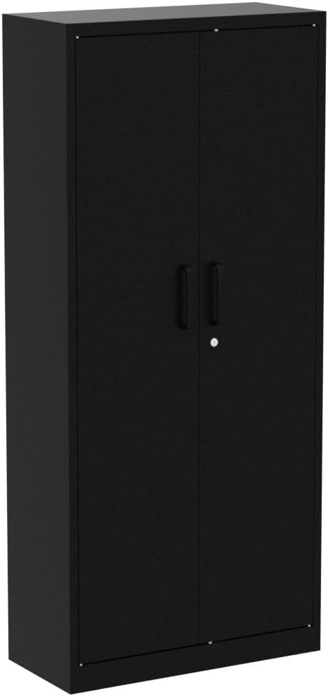 Black industrial storage cabinet with lock and adjustable shelves.