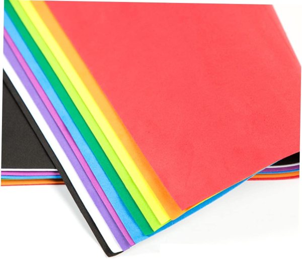 Assorted bright foam sheets for DIY crafts and scrapbooking projects.
