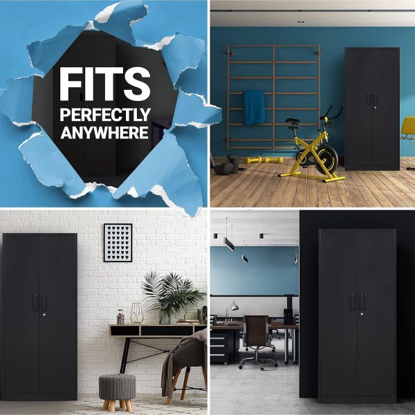 Durable black storage cabinet for office and industrial use.