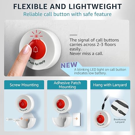 Wireless call button for elderly monitoring and emergency alerts.