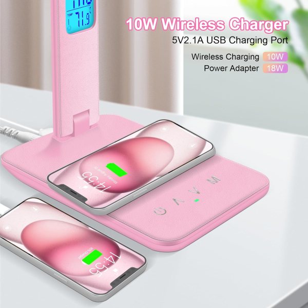 Pink wireless charger with LED touch lamp for desk, study, and work lighting.