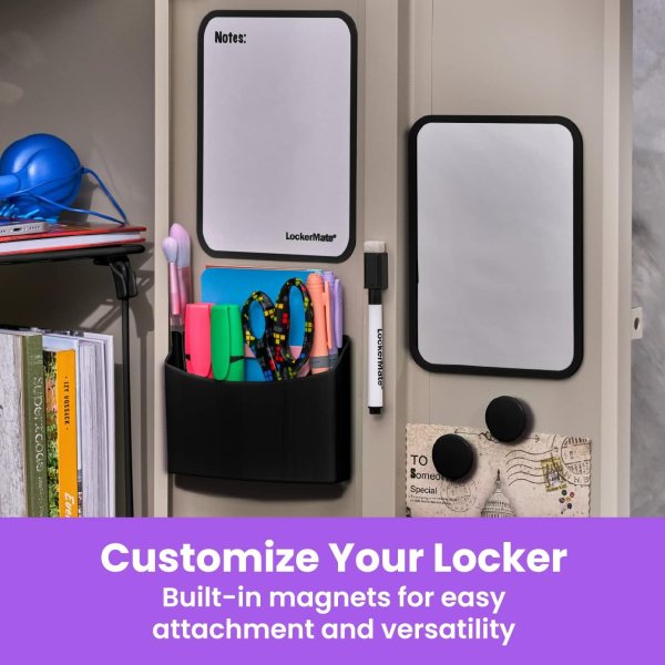 Magnetic locker organizer with dry erase board and accessories.