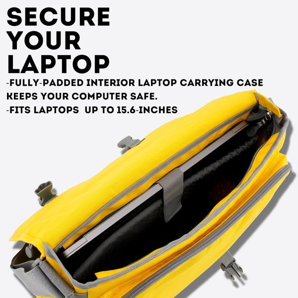 Yellow laptop messenger bag with padded interior for work and travel.