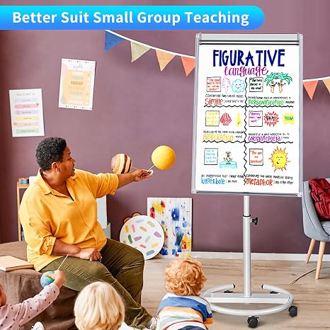 Adjustable rolling whiteboard with paper pad, lockable casters, ideal for office, classroom, and pre.