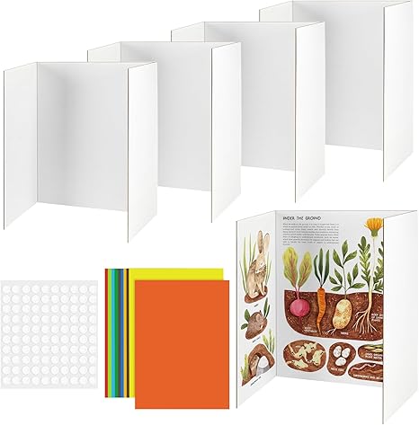 White Tri-Fold Poster Board Set with Cardstock and Sticky Dots for School, Business, and DIY Presentations