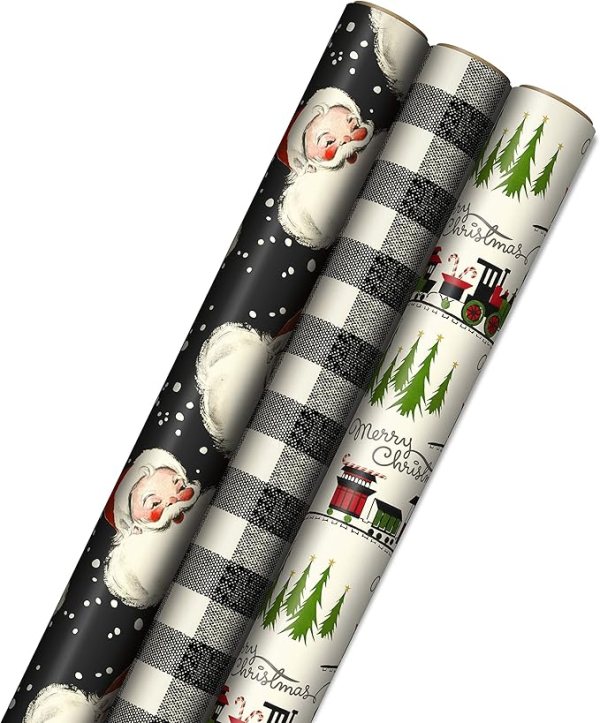 Festive Gift Wrap – 3 Rolls of Christmas Wrapping Paper with Santa, Plaid, and Toy Train Designs