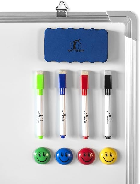 Magnetic board with colorful markers and smiley magnets for organization.