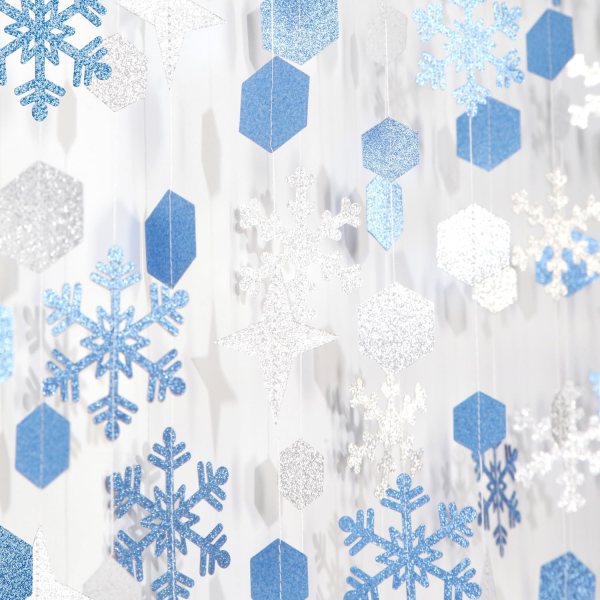 Snowflake Decorations – Silver and Blue Paper Garland for Christmas, Winter Parties & Holiday Decor