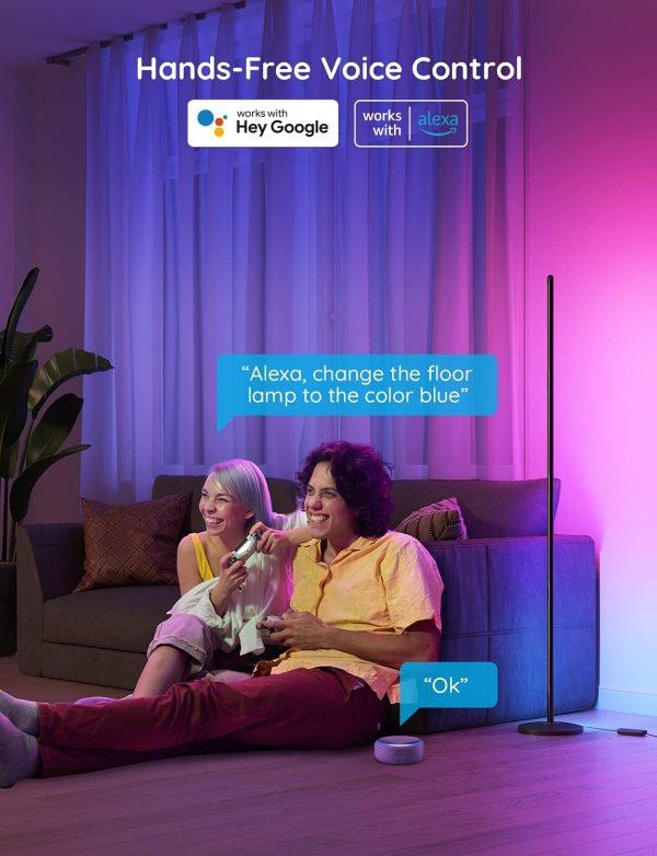 RGB floor lamp with voice control for customizable lighting. Compatible with Google Assistant and Al.