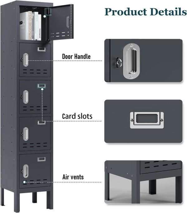 Steel locker with multiple compartments, door handle, card slots, and air vents for secure storage.