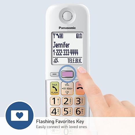 Amplified cordless phone with flashlight, call blocking, and volume boost for easy communication.