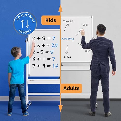 Adjustable rolling dry erase board with stand for office, classroom, and home use. Perfect for teach.