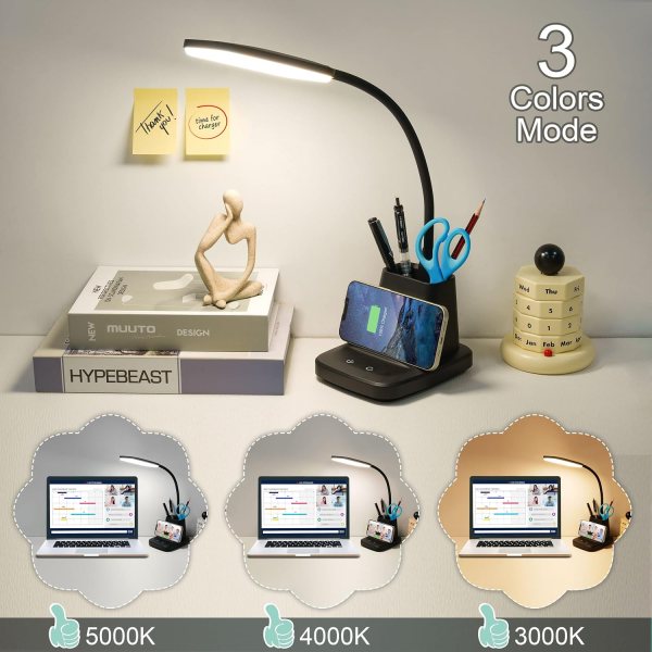 LED desk lamp with wireless charging, adjustable gooseneck, and touch control for modern workspace l.