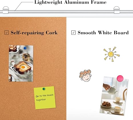 Dual-sided cork and whiteboard with accessories for organization and planning.