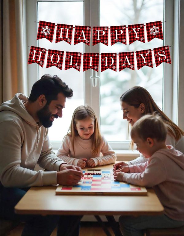 Christmas Party Decorations – Buffalo Plaid Happy Holiday Banner Set for Christmas & New Year Home Decor – Indoor & Outdoor Use, Reusable Holiday Decor