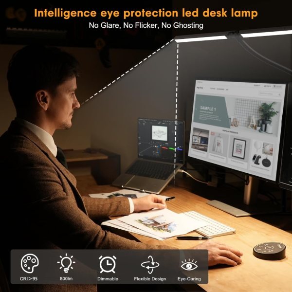 LED desk lamp with double head, adjustable clamp, and eye protection for home office and study. Brig.