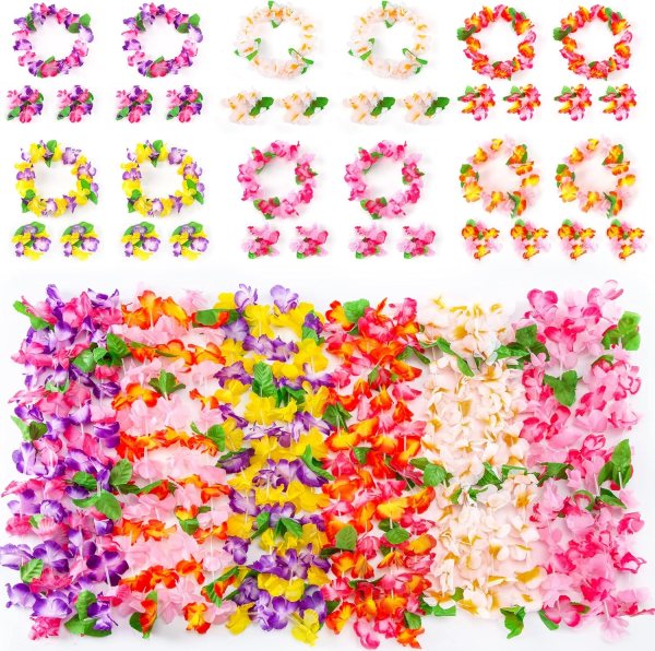Tropical Leis Set – Hawaiian Flower Garlands for Luau, Beach Party, and Summer Events – Silk Floral Leis with Neck Garlands, Headbands, and Wristbands