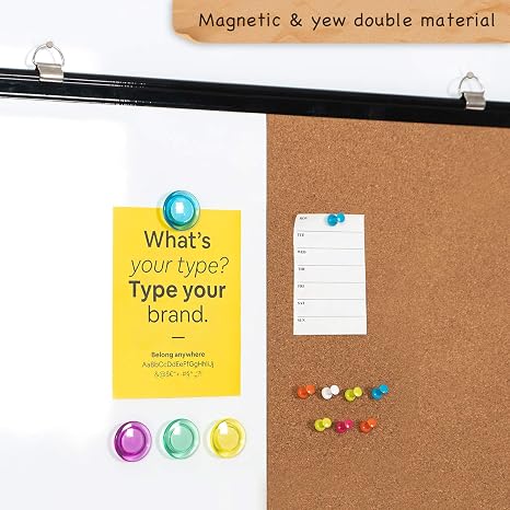 Magnetic whiteboard and cork board with notes and accessories for office or classroom.