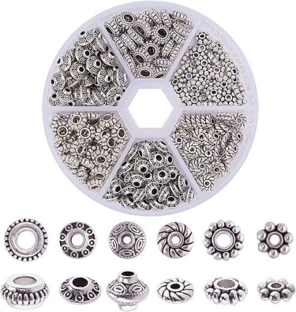 Bead Spacer Beads for Jewelry Making, 300pcs Zinc Tibetan Alloy Spacer Beads for Bracelets, Necklaces, and Earrings – Gear, Bicone, Snowflake, Flower Designs