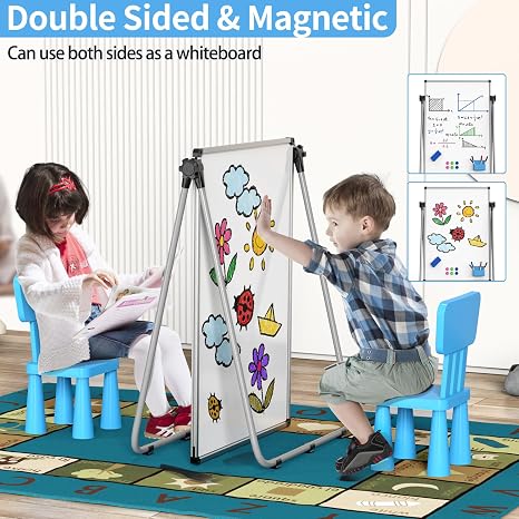 Magnetic double-sided whiteboard with adjustable height, foldable design, ideal for kids' learning a.