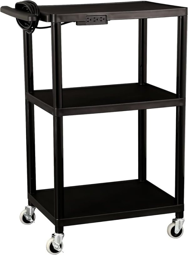 Commercial Furniture Mobile Utility AV Cart with Power Strip and Casters, Rolling Presentation and Media Cart on Wheels, Black