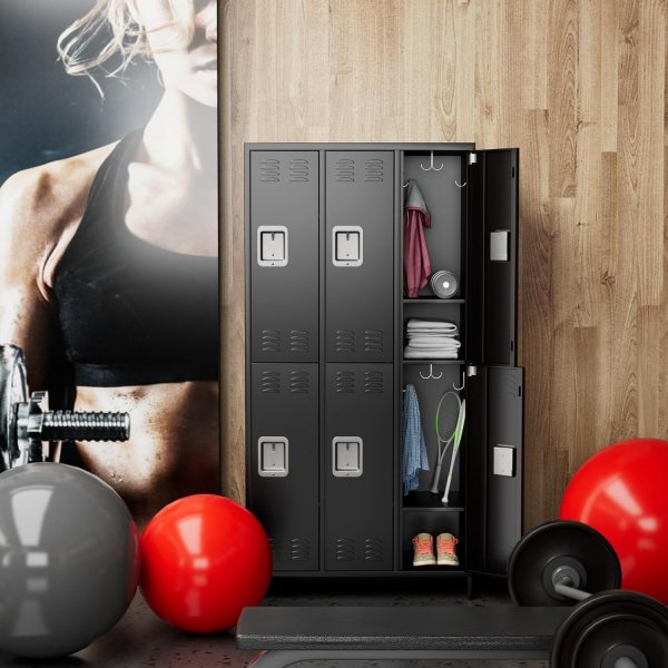 Secure metal gym locker with sports equipment and accessories inside.