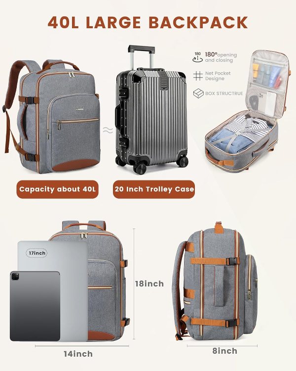 Waterproof airline approved carry-on backpack for women with packing cubes