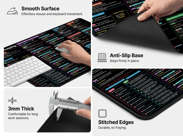 Large desk mat with smooth surface, anti-slip base, stitched edges, and 3mm thickness for workspace.
