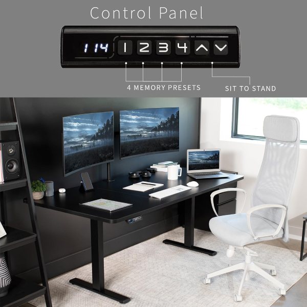 Adjustable standing desk with memory presets and control panel, perfect for ergonomic workspace setu.