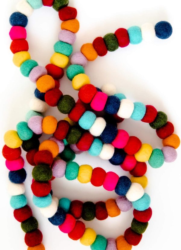 Rainbow Garland – Colorful Wool Felt Pom Pom Decor for Easter, Spring, and Birthday Parties – 9 Feet Long with 128 Balls
